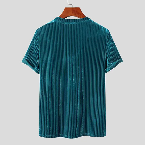 Cyanblå Afslappet T shirt i velour med rund hals og korte ærmer til mænd