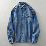 blå Stribet denimskjorte til mænd, løs, stor størrelse